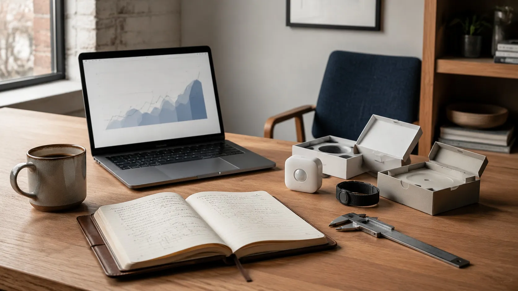 Editorial workspace with opened product boxes, a laptop showing an abstract chart, and a notebook of test notes.