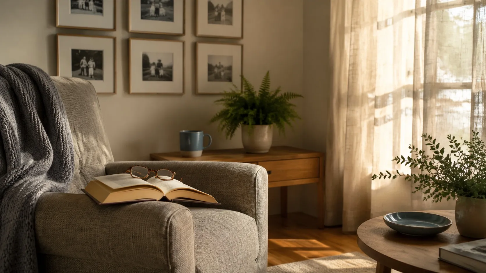 Sunlit living room with an armchair, an open book, and reading glasses — a quiet aging-at-home scene.