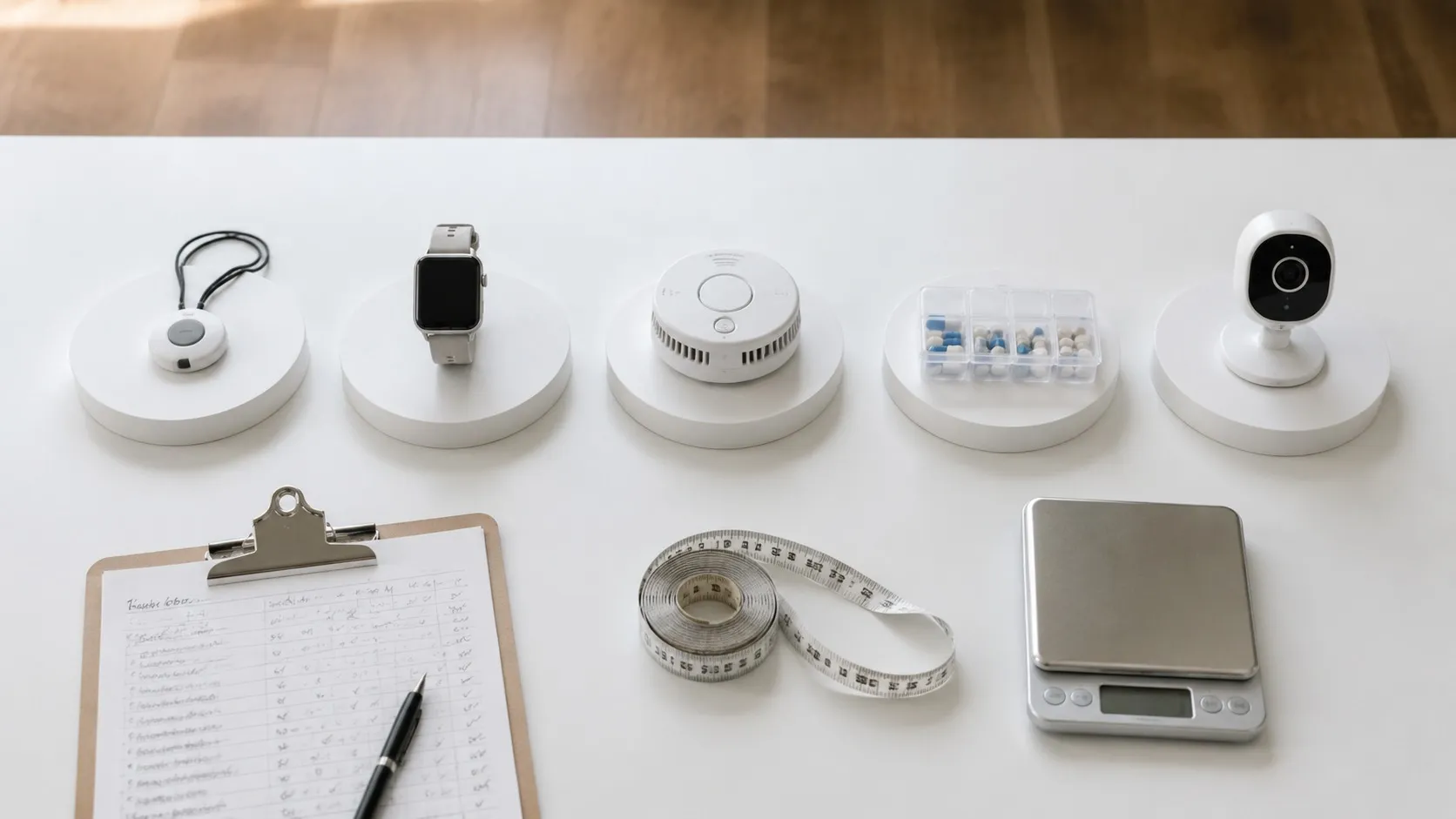 Five aging-in-place tech products lined up on white pedestals for comparison testing.