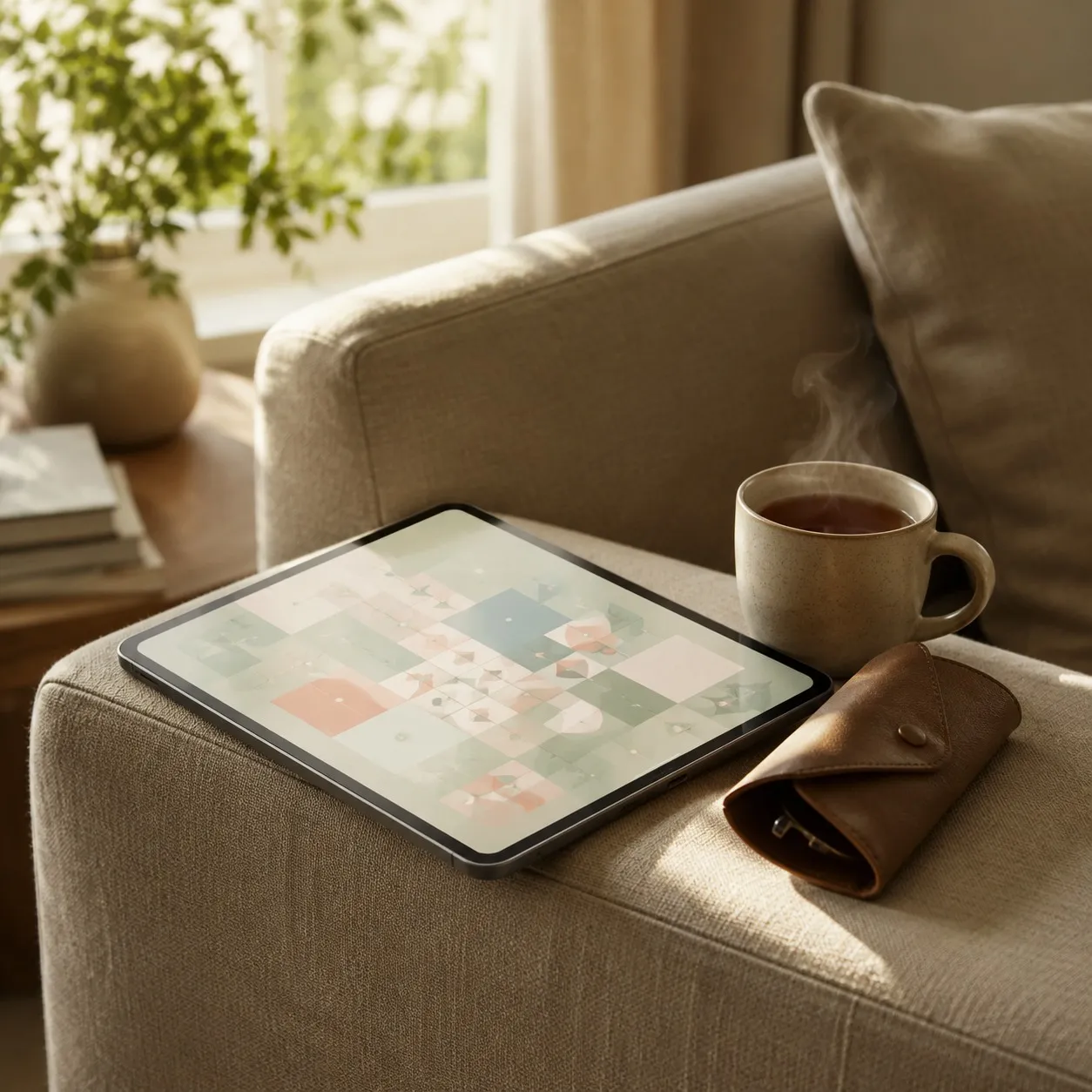A tablet on a sofa arm displaying soft pastel cognitive-game tiles, beside a steaming cup of tea.