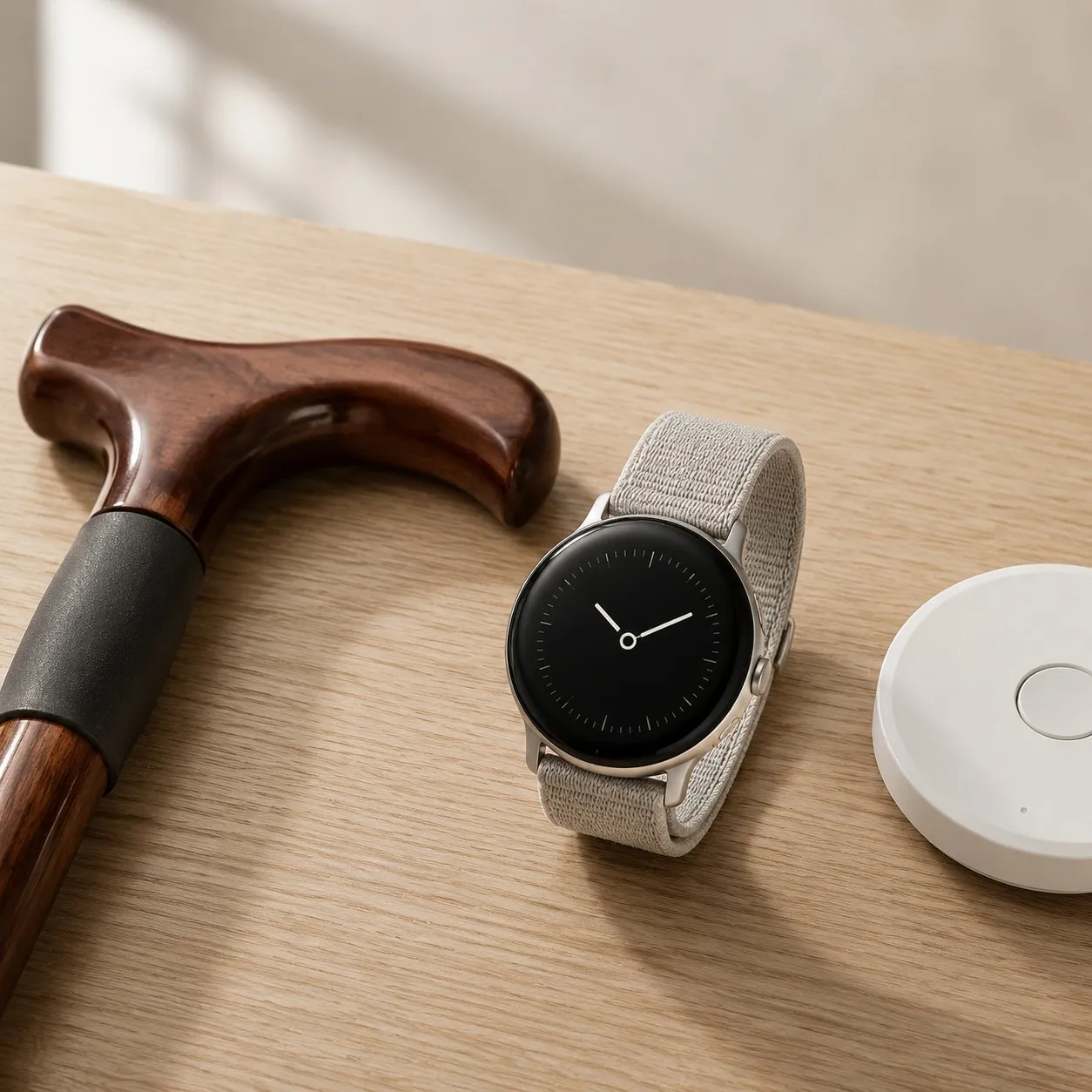 A modern smartwatch and the polished handle of an ergonomic walking cane on a light oak surface.