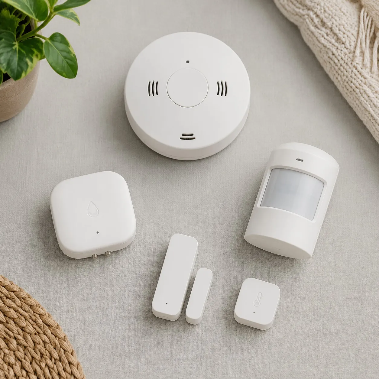 A flat-lay of home safety sensors — smoke alarm, water leak detector, motion sensor, contact sensor.