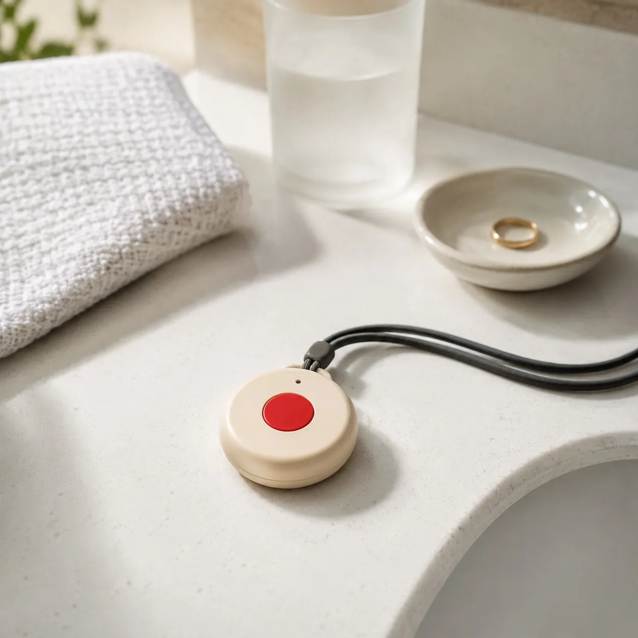 A medical alert pendant with a red emergency button on a white bathroom counter.