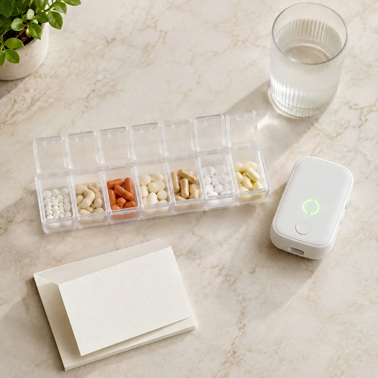 A clear weekly medication organizer beside a digital pill reminder dispenser on a marble counter.