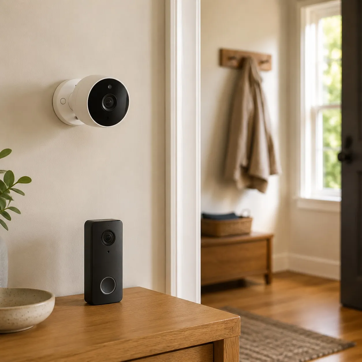 An indoor security camera and a smart video doorbell at the entryway of a sunlit hallway.