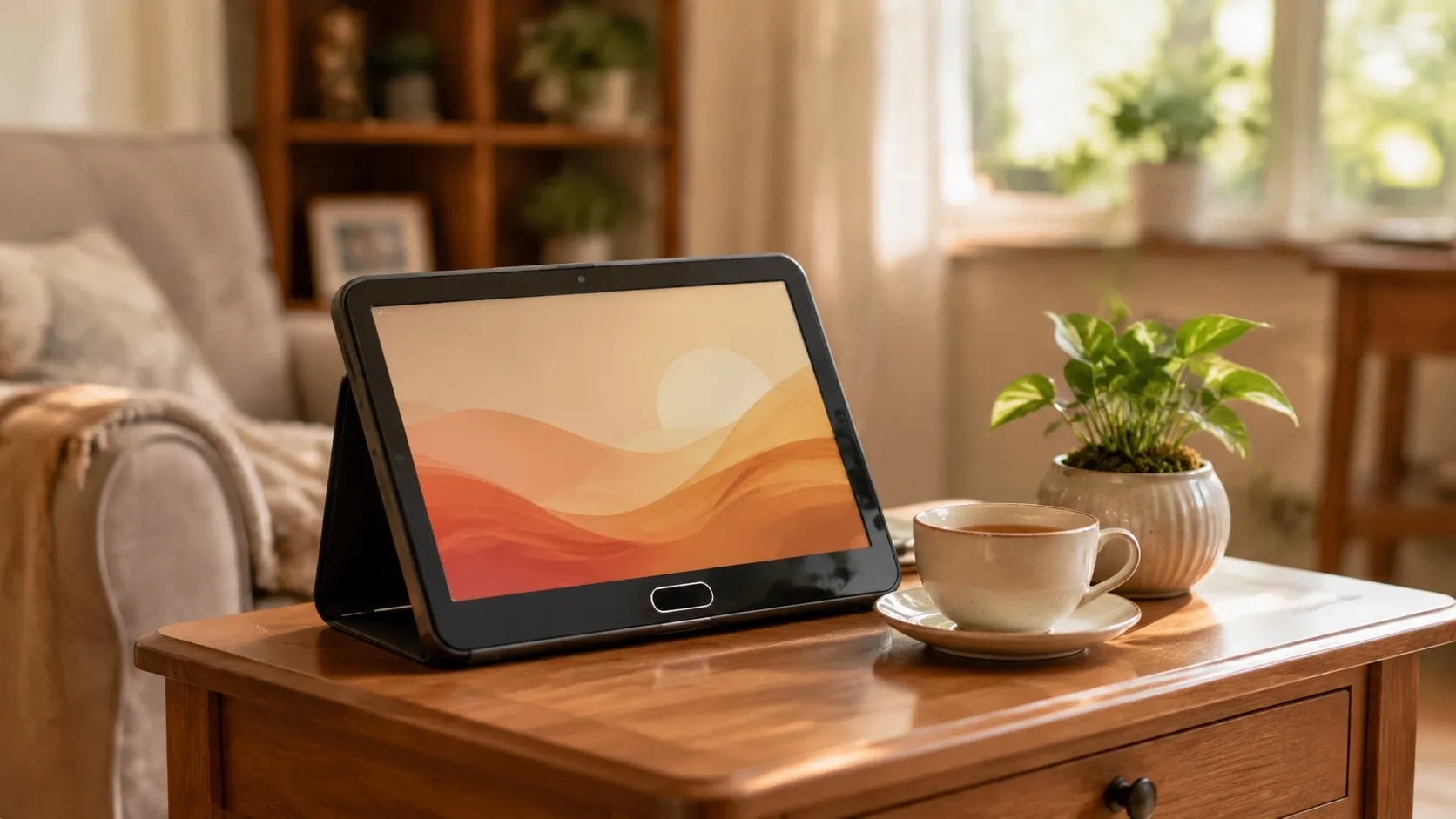A simplified large-button tablet on a wooden side table beside a cup of tea, in a warm, lived-in room.