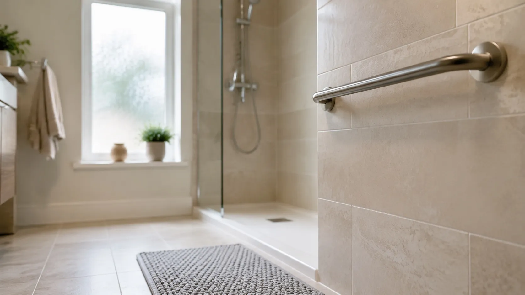 A stainless grab bar beside a walk-in shower with a non-slip floor mat in a bright, clean bathroom.