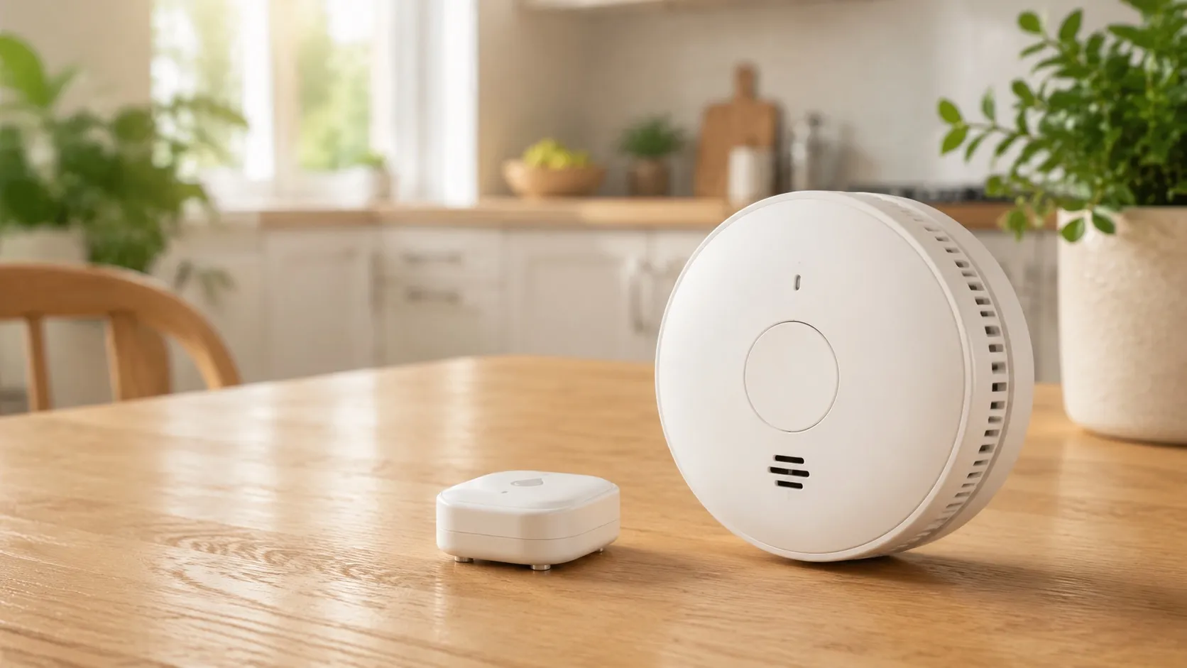 A round smoke and carbon monoxide alarm beside a small water-leak sensor on a wooden table.