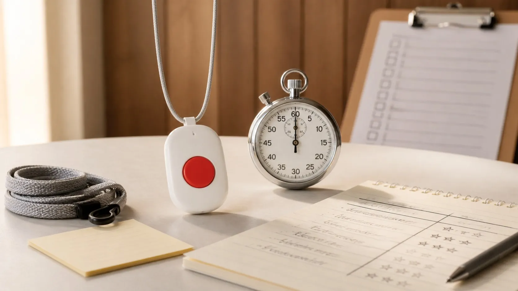 A medical alert pendant on a clean test surface beside a stopwatch and a hand-drawn scoring rubric.