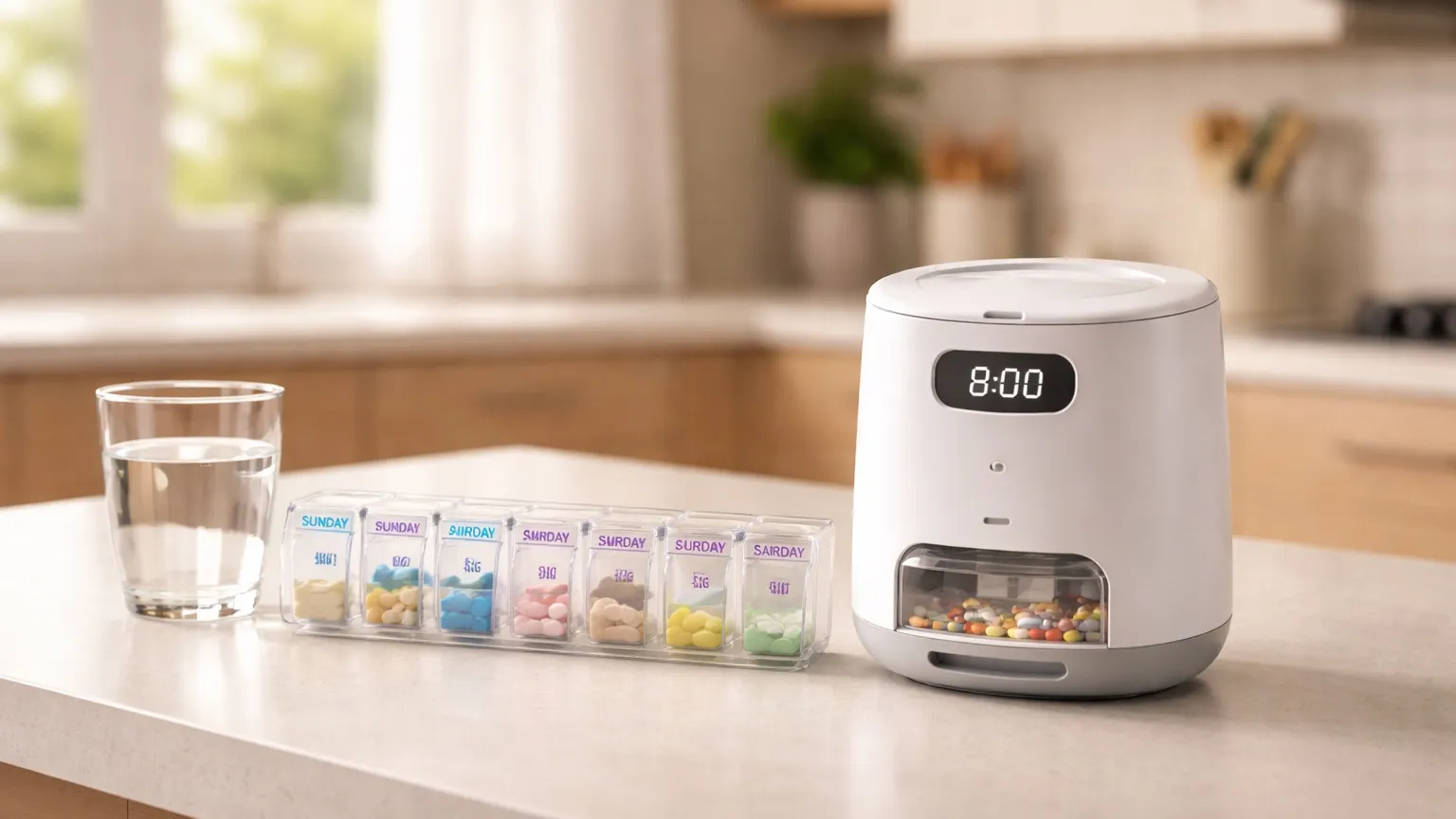 A weekly pill organizer and an automatic pill dispenser on a clean kitchen counter beside a glass of water.