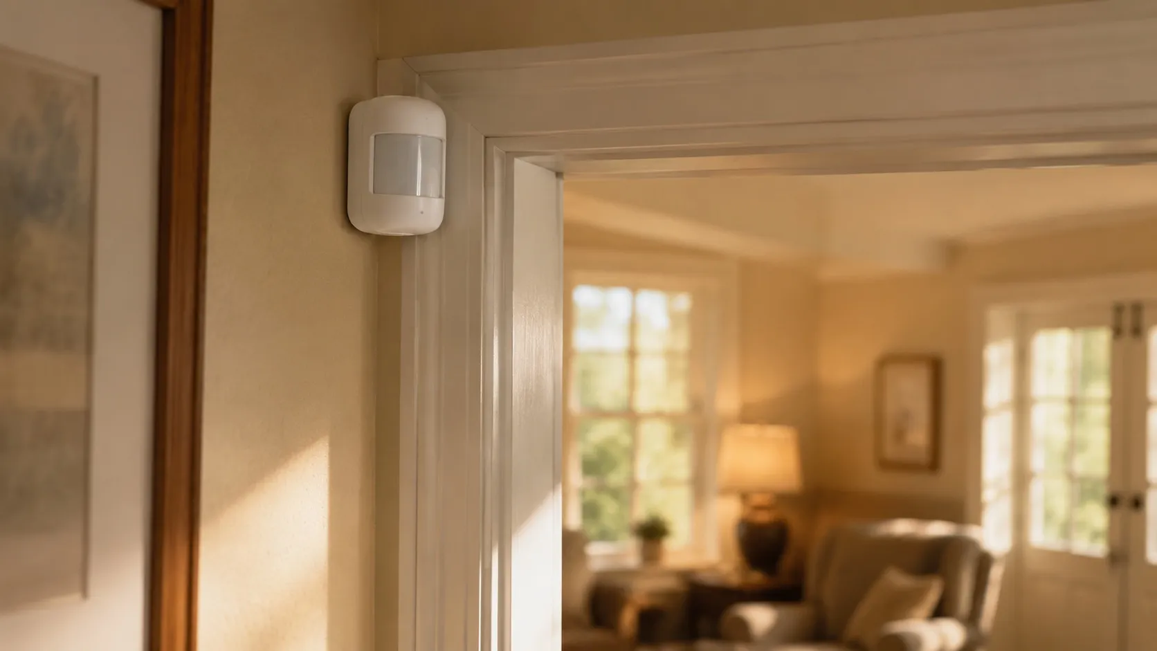 A discreet white motion sensor mounted by a doorway, with a warm, softly out-of-focus living room beyond.